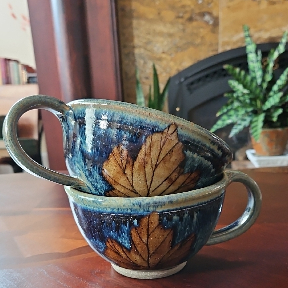 Handmade Studio Pottery Jumbo Soup Mugs Set of 2 Autumn Leaf Drip Glaze